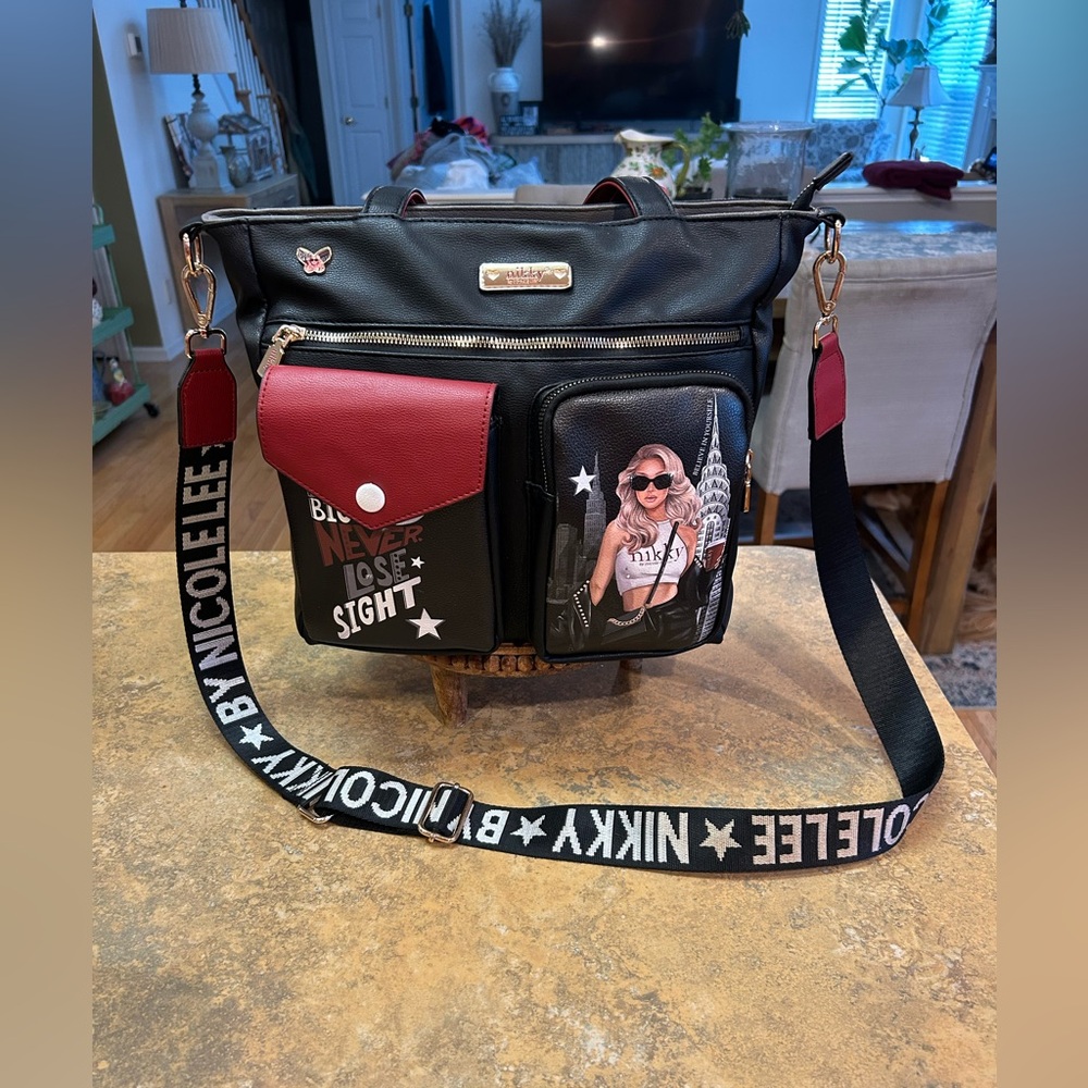 Nikky by Nicole Lee Black and Red Multi Pocket Tote Bag